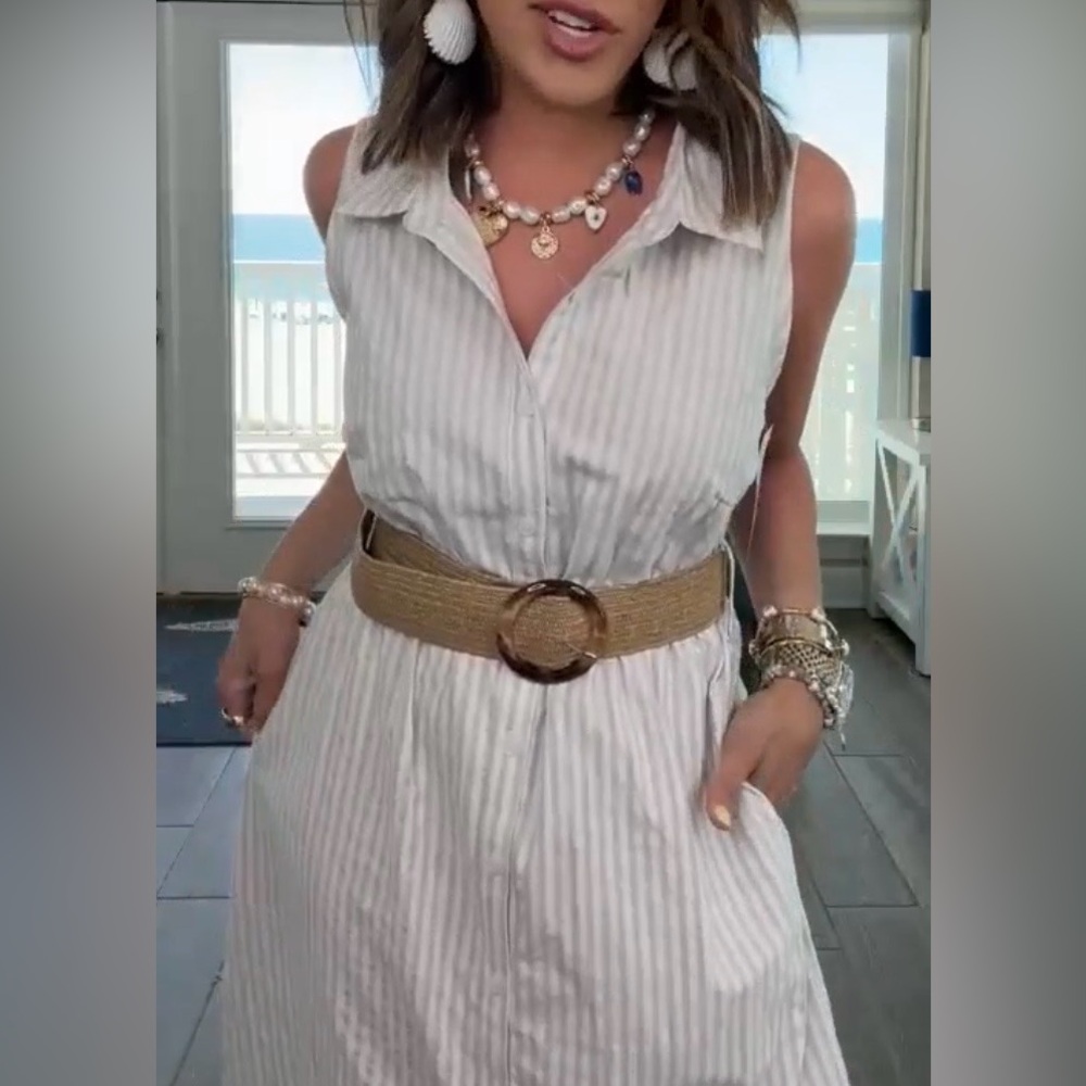 NWOT Sew In Love Ivory/Grey Striped, Belted/Elastic Waist, MIDI Dress.